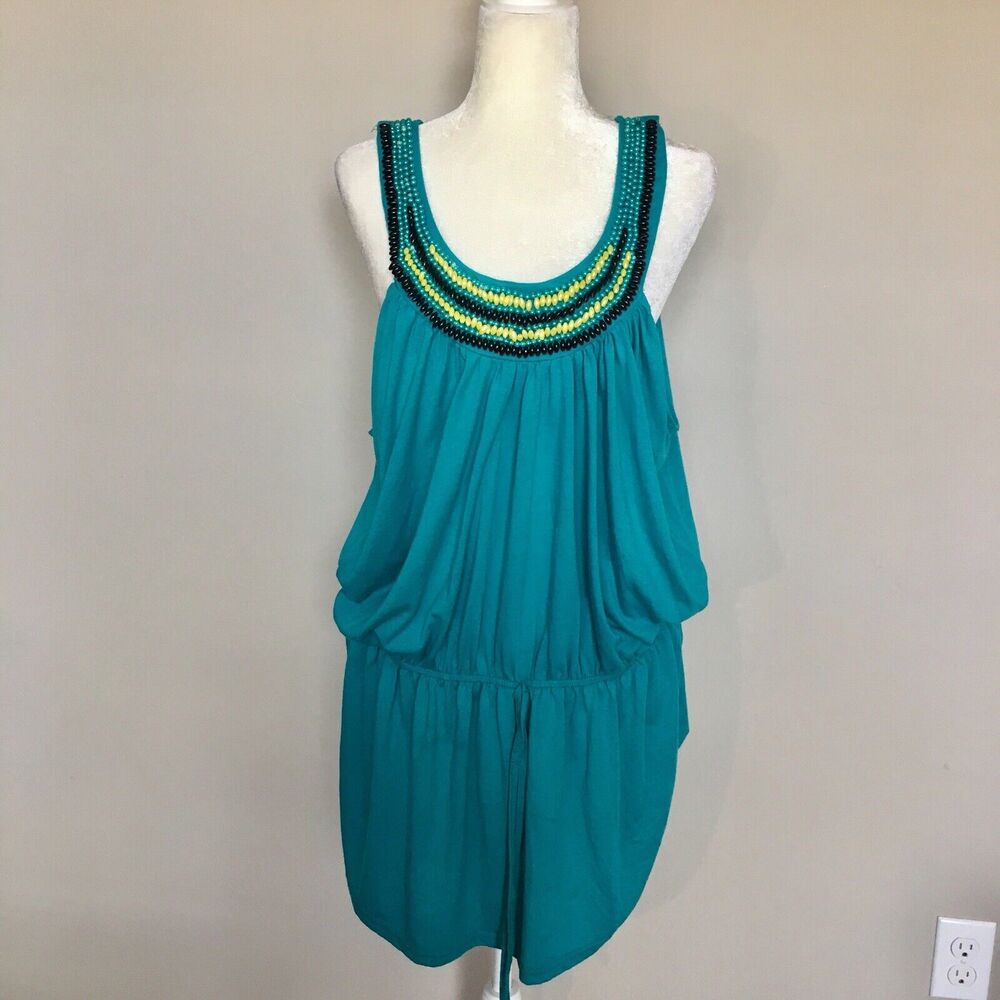 Gold Flava Size 28 Super Plus Aqua Blue Loose Tank Top Beaded Neck Drawstring